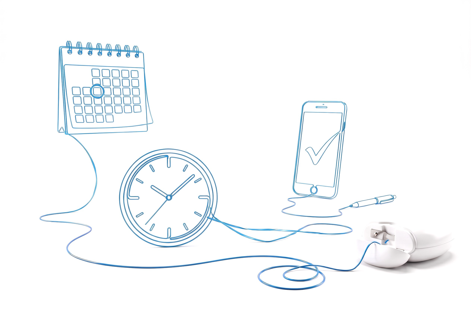 Termine – Illustration, gezeichnet aus einem blauen Zahnseide-Faden
